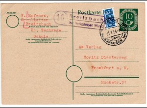 BRD 1954, Landpost Stpl. 16 BREITZBACH über Herteshausen auf 10 Pf. Ganzsache 
