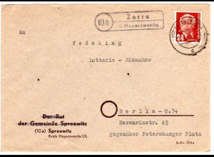 DDR 1951, Landpost Stpl. 10a ZERRE über Hoyerswerda auf Brief m. 24 Pf.