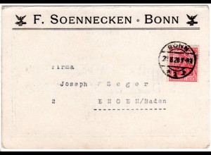 DR 1920, 10 Pf. Germania m. perfin F.S. auf Firmenkarte v. Bonn.