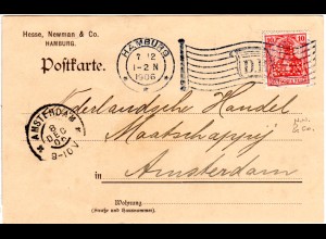 DR 1906, 10 Pf. Germania m. perfin auf Firmenkarte m. Flaggenstempel Hamburg DR