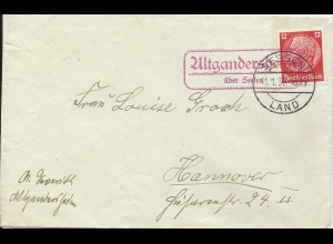 DR 1939, Landpost Stpl. Altgandersheim ü. Seesen in rot auf Brief m. 12 Pf.