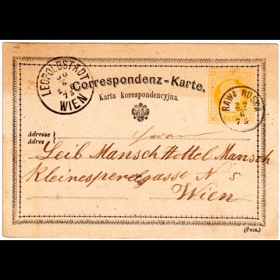Österreich 1875, kl. K1 RAWA RUSKA (Ukraine) klar auf 2 Kr. Ganzsache n. Wien