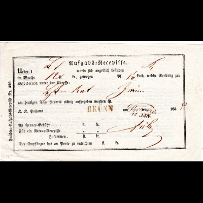 Österreich 1850, L1 + Scheibschrift-L2 BRÜNN auf Postschein Recepisse