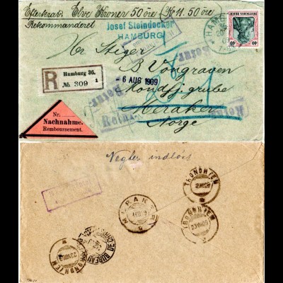 DR 1909, EF 40 Pf. auf Einschreiben Nachnahme Brief v. Hamburg n. Norwegen