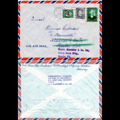 Norwegen 1953, Seemanns Nachsende Luftpost Brief v. Horten n. Ceylon. 