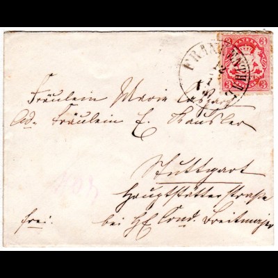 Bayern, 3 Kr. auf kl. Brief m. K1 FRANKENTHAL n. Stuttgart, Württemberg
