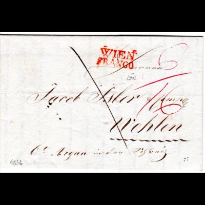Österreich 1836, roter L2 WIEN FRANCO auf Brief i.d. Schweiz 