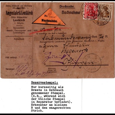 Bayern 1914, Reserve-Stpl. K2 OFFINGEN R als Ank.Stpl. auf DR Nachnahme-Karte 
