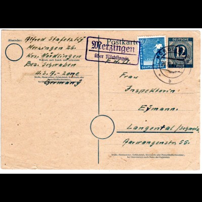 1947, Landpost Stempel MERZINGEN über Nördlingen auf Ganzsache i.d. Schweiz
