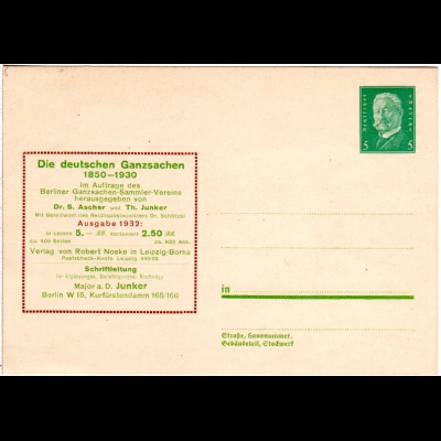 DR, ungebr. 5 Pf. Privatganzsachenkarte Dr. S. Ascher u. Th. Junker
