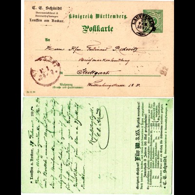 Württemberg 1897, 5 Pf. Ganzsache m. rs. Beerenwein Zudruck v. K2 Lauffen A.N.