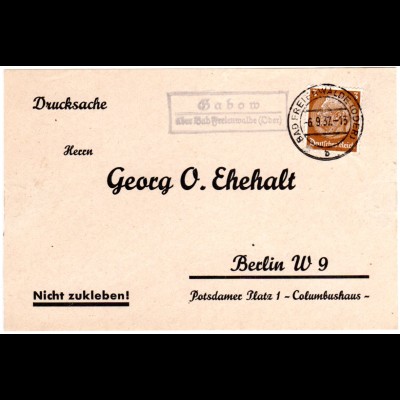 DR 1937, Landpoststpl. GABOW über Bad Reichenwalde (Oder) auf Briefteil m. 3 Pf.